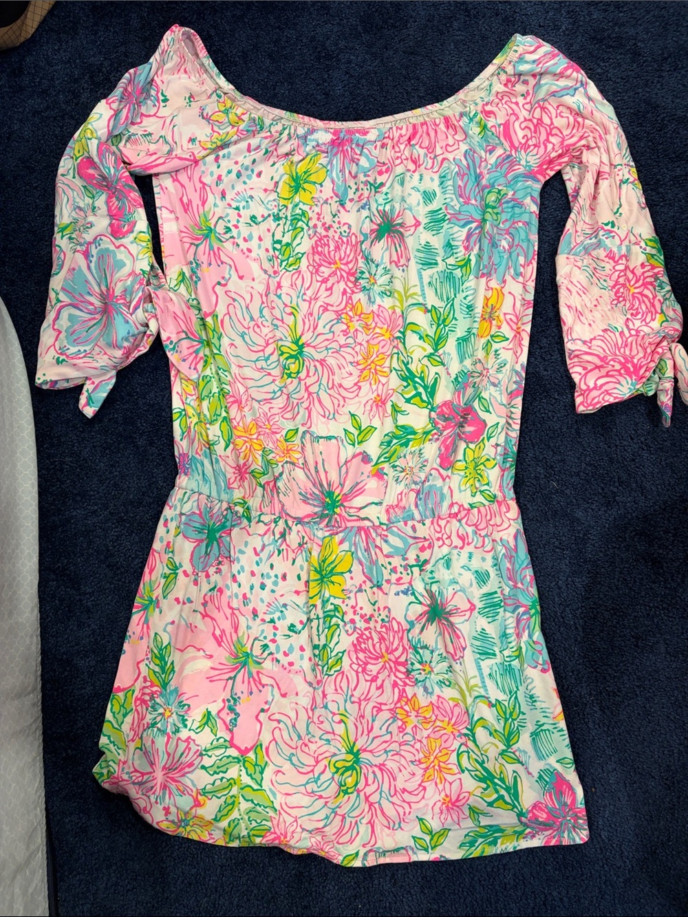 Lilly Pulitzer Pink Floral Off-Shoulder Romper with Tie Sleeves